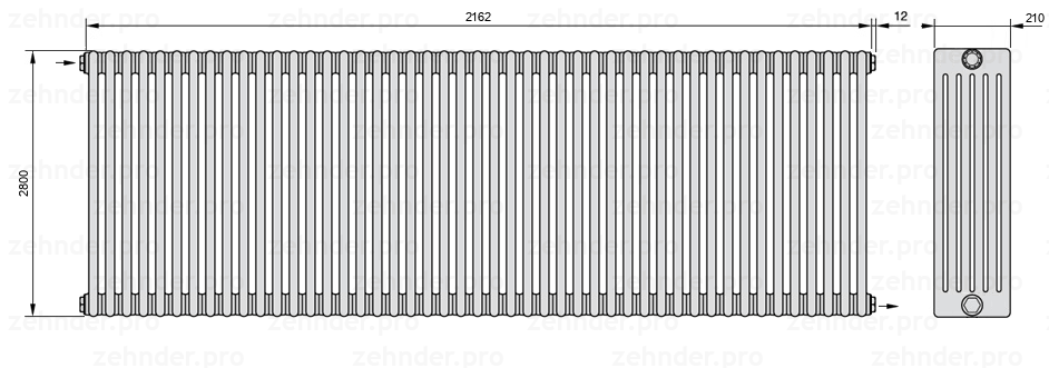 Схема (чертеж) Радиатор Zehnder Charleston 6280/47 №1670 Белый глянцевый RAL 9016